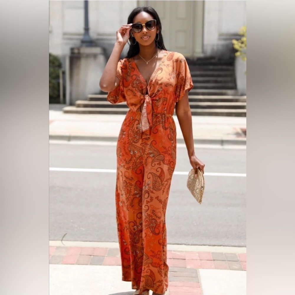 Lush Rust Paisley Tie Knot Jumpsuit